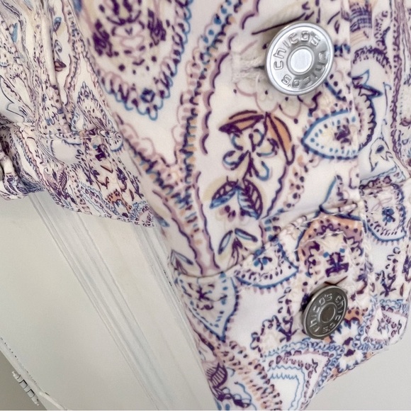 CHICOS JACKET | CHICOS SZ 1 (8-10) | WHITE WITH LAVENDER BLUE GEOMETRIC PATTERN - Picture 7 of 15